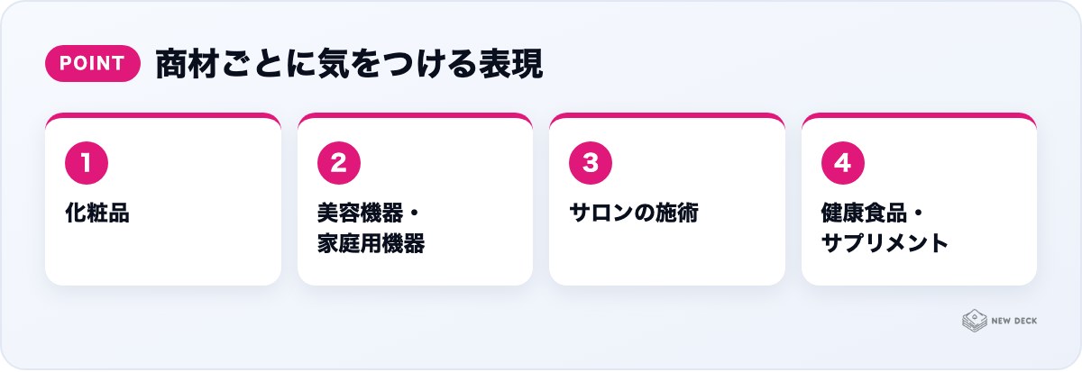 商材ごとに気をつける表現：化粧品、美容機器・家庭用機器、サロンの施術、健康食品・サプリメント