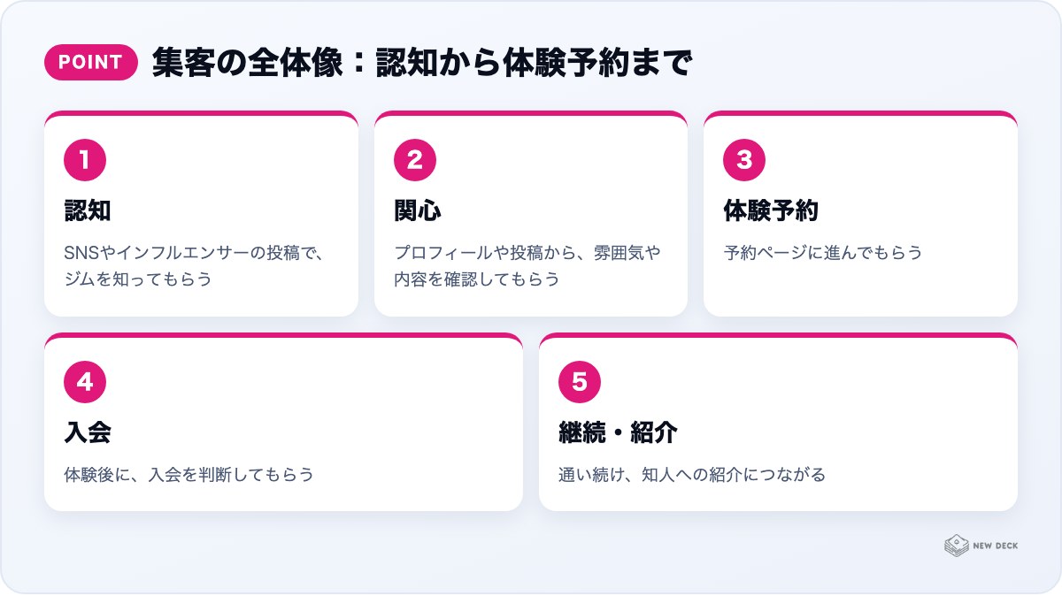 集客の全体像：認知から体験予約まで：認知、関心、体験予約、入会、継続・紹介