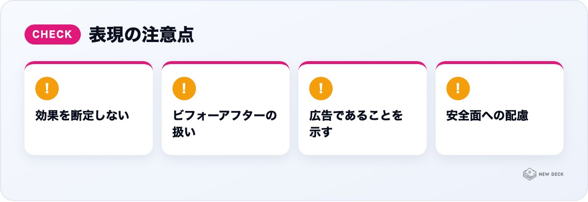 表現の注意点：効果を断定しない、ビフォーアフターの扱い、広告であることを示す、安全面への配慮