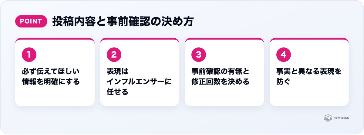 投稿内容と事前確認の決め方：必ず伝えてほしい情報を明確にする、表現はインフルエンサーに任せる、事前確認の有無と修正回数を決める、事実と異なる表現を防ぐ