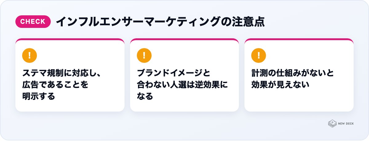 インフルエンサーマーケティングの注意点：ステマ規制に対応し、広告であることを明示する、ブランドイメージと合わない人選は逆効果になる、計測の仕組みがないと効果が見えない