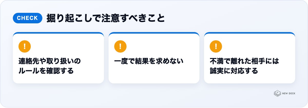 掘り起こしで注意すべきこと:連絡先や取り扱いのルールを確認する、一度で結果を求めない、不満で離れた相手には誠実に対応する