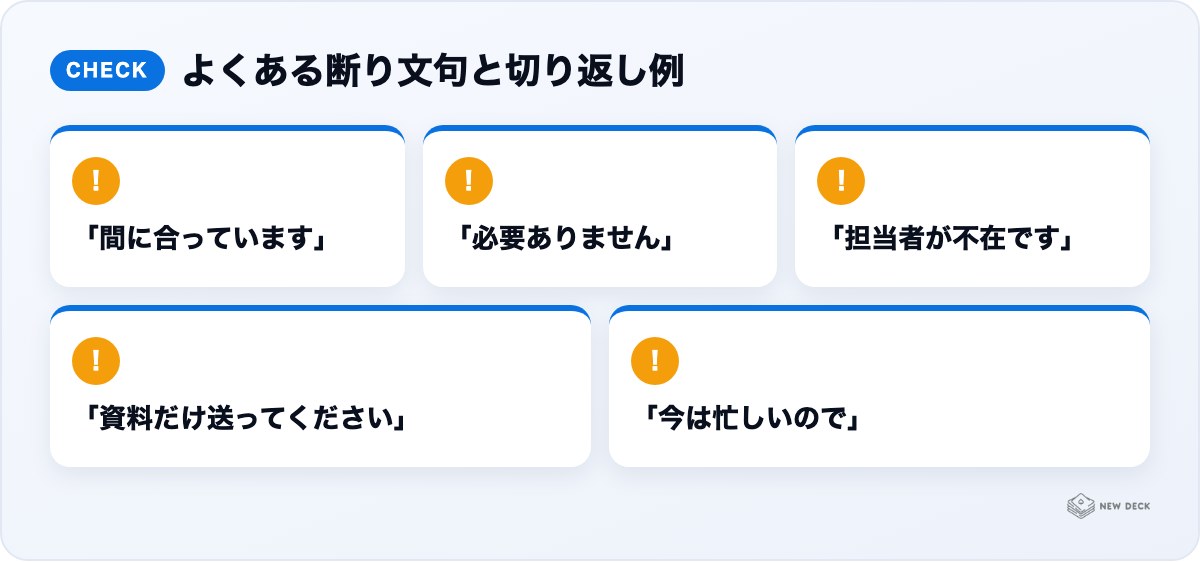 よくある断り文句と切り返し例：「間に合っています」、「必要ありません」、「担当者が不在です」、「資料だけ送ってください」、「今は忙しいので」