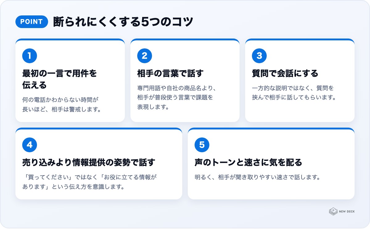 断られにくくする5つのコツ:最初の一言で用件を伝える、相手の言葉で話す、質問で会話にする、売り込みより情報提供の姿勢で話す、声のトーンと速さに気を配る