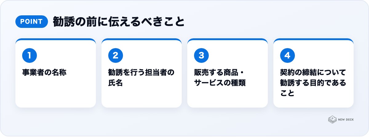 勧誘の前に伝えるべきこと:事業者の名称、勧誘を行う担当者の氏名、販売する商品・サービスの種類、契約の締結について勧誘する目的であること