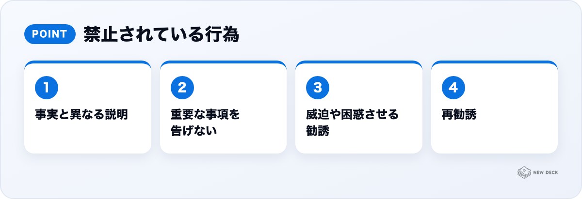 禁止されている行為:事実と異なる説明、重要な事項を告げない、威迫や困惑させる勧誘、再勧誘